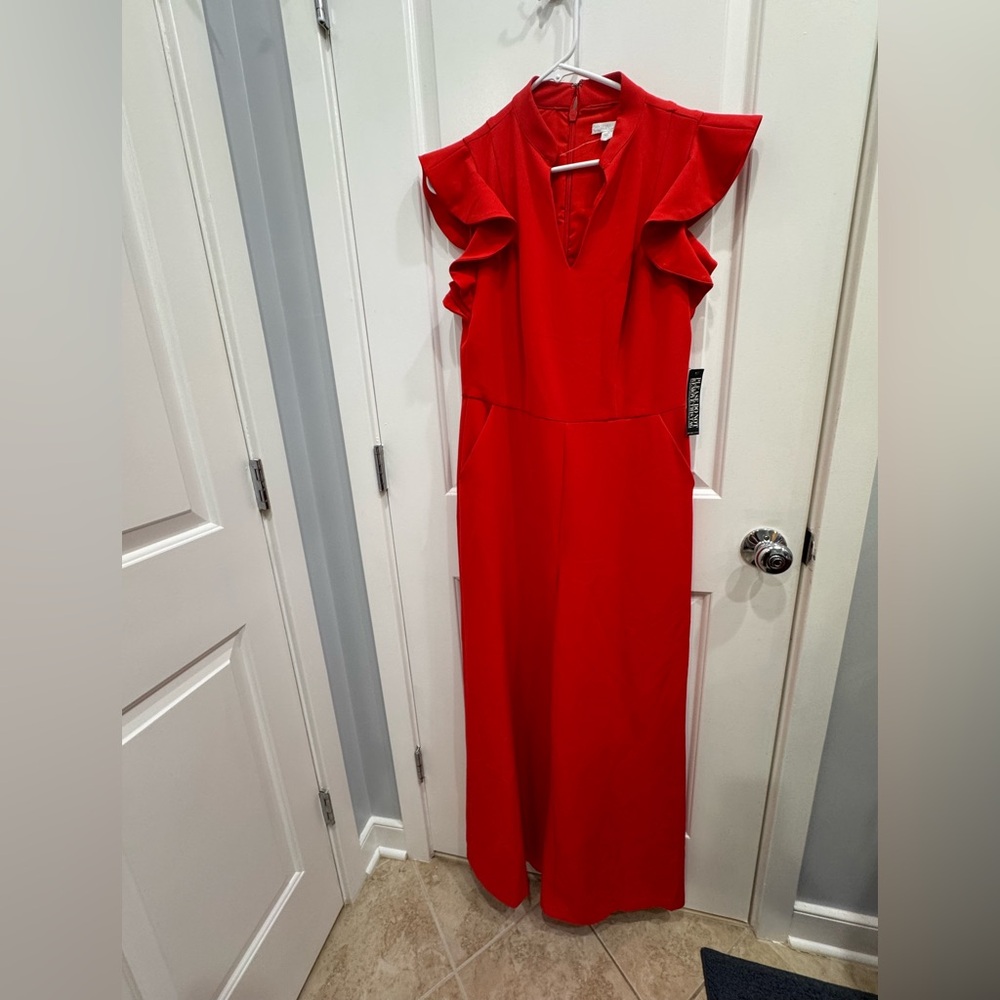 New York & Company Red Ruffle Sleeveless Jumpsuit